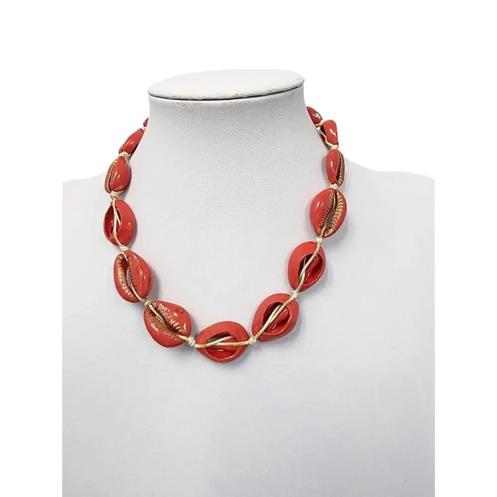 Vintage Red Shell Necklace With Gold Tone Lobster Clasp